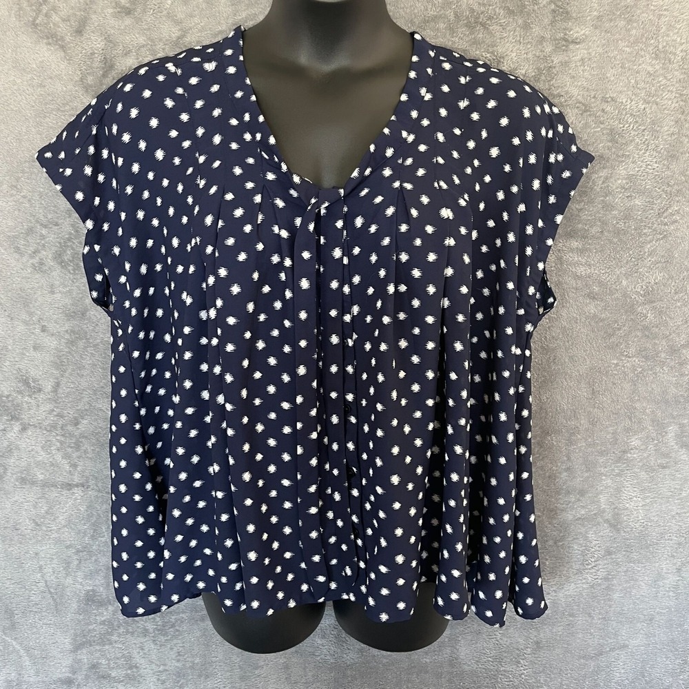 Roamans Top Sz 18W Blue Button Up Geometric Pleated‎ Boxy Lightweight Flowy